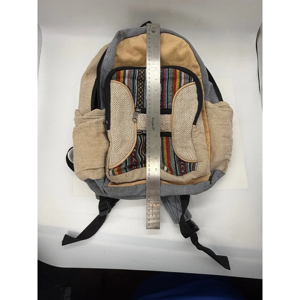Himalayan Hemp Woven Boho Backpack Made in Nepal Tan Grey Multicolor